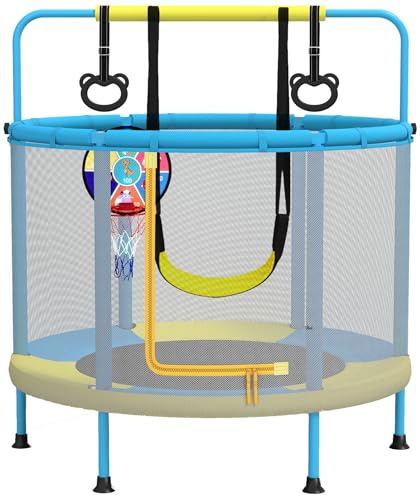 PILIN Trampolino Per Bambini, φ140CM Multifunzionale 4 In 1, Con Altalene, Barre, Cerchi, Canestri Da Basket/Bersagli, Portata 50 Kg, Uso Interno Ed Esterno Del Trampolino Da Giardino