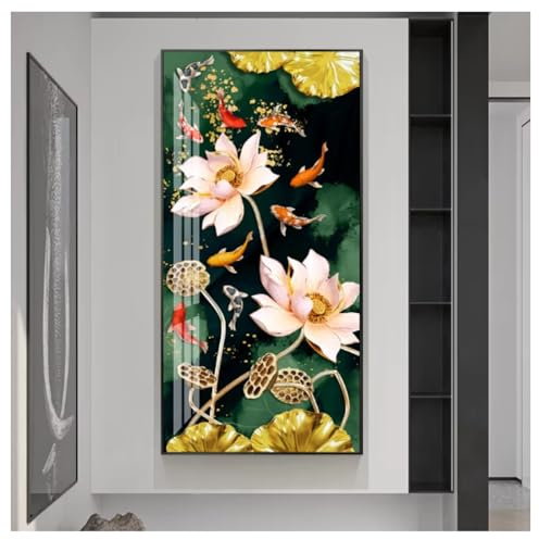 Stampe artistiche su Tela con Nove Pesci nordici, Poster Feng Shui Koi, Fiori di Loto, Quadro da Parete per corridoio, Decorazione per la casa- 50x100cm Senza Cornice