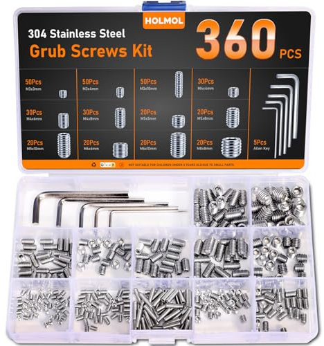 HOLMOL Madenschrauben Set 360 Stück, Madenschrauben Set Edelstahl, Innensechskant Gewindestifte mit 5 PCS Schraubenschlüssel, M3/M4/M5/M6/M8 Madenschrauben Türklinke für Reparaturen