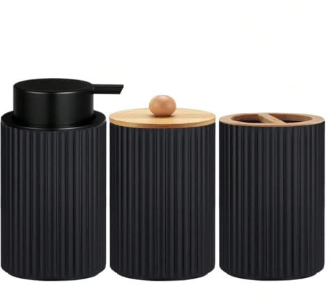 Juego de Accesorios de Baño de 3 Piezas con un dispensador de jabón Negro, un Vaso para Cepillo y un Vaso para hisopos, Accesorios para baño, jabón líquido y Gel Recargable