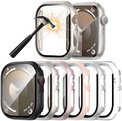 6-Stück Schutzhülle mit Displayschutzfolie Kompatibel mit Apple Watch Series 9/8/7 41mm,Ultradünne Hard Gehäuse Eingebaut Kratzfest Gehärtetes Glas Schutzfolie für iWatch 7 8 9 41mm