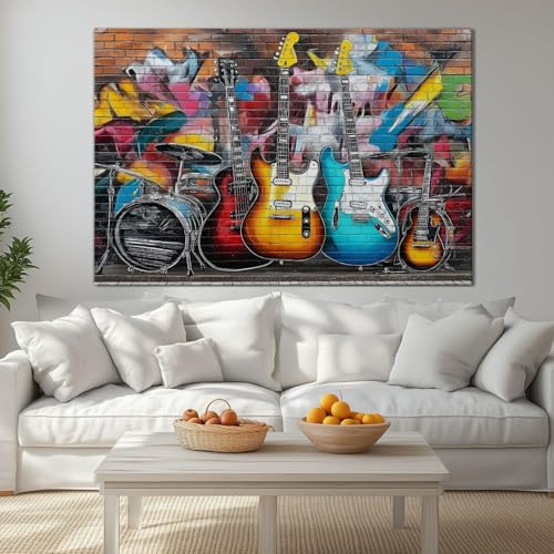 Großes Leinwandbilder Wandbilder Straßen Graffiti Kunst Musik Gitarre bild auf leinwand Wandkunst Modern Aesthetic XXL Kunstdruck Deko für Wohnzimmer Schlafzimmer Geschenk 90 x 60 cm