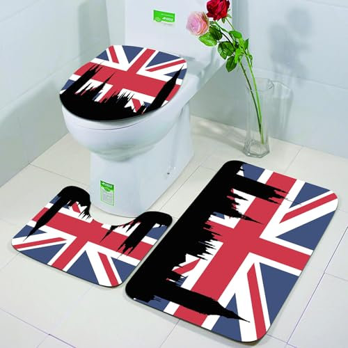 FEHWI Badezimmerteppich 3 Teil Mikrofaser -Saugbad Teppichpolster für Dusche,Badewanne und Toilette,Maschine waschbar,Union Jack, Houses of The Parliament Silhouette auf der britischen Flagge Histor