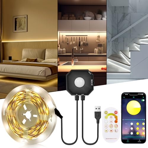 5M LED Strip mit Bewegungsmelder,3000K-6000K mit RF Fernbedienung & APP | Dimmbar LED Streifen,Nachterkennungsmodus,PIR-Bewegungserkennung,Dauerlichtmodus,USB LED Nachtlicht für Babyzimmer Treppe