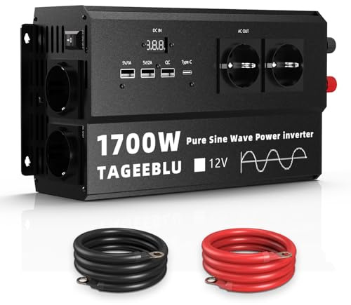 TAGEEBLU 1700W Pur Sinus convertisseur 12v 220v, transformateur 12v 220v avec écran LCD, 4 Prise UE, Type C 30W, Charge Rapide USB 25W, 3 Ports USB