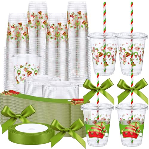 Jingmore 60 Pcs 12 oz Christmas Plastic Cups Bulk with Lids Sleeves and Straws Christmas Snowman Santa Claus Elf Hats Clear Plastic Cups Xmas Holiday Birthday Wedding Party Supplies
