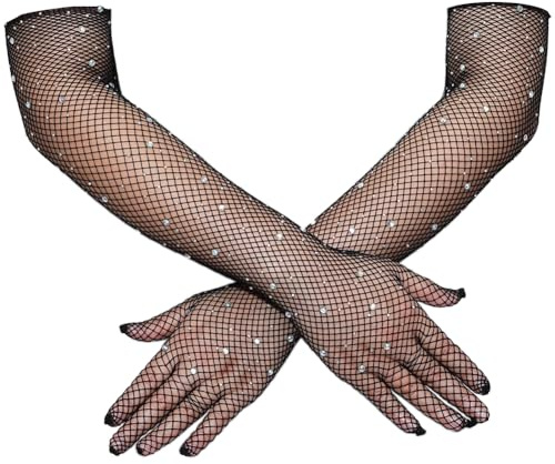 GORGECRAFT 2 Pair Long Punk Fish Net Arm Sleeves Black Women Goth Rhinestone Fishnet Gloves Elbow Length Mesh Sparkly Glitter Fashion Opera Gloves for 80s Costume Cosplay Halloween Wedding Party