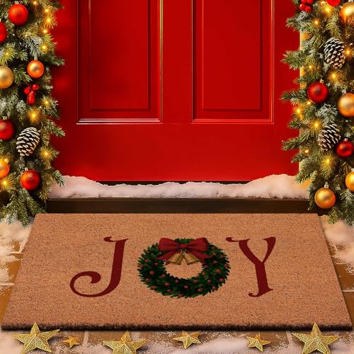 Lanpn Weihnachten Fußmatte Kokosmatte, Winter Joy rutschfeste für Terrasse Eingang Türmatte Badezimmer Matte für Innen Außen Bodenmatte Badezimmer Wohnzimmer Christmas Dekor 60x90cm (Braun)