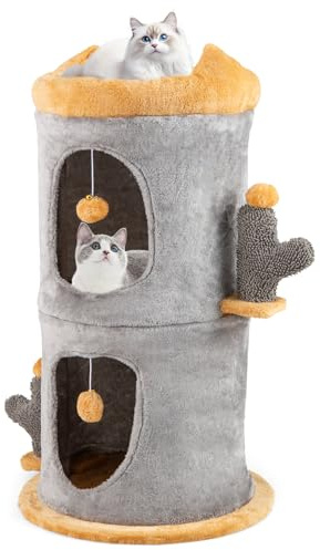 GOPLUS Kratztonne mit 2 Höhlen, trennbarer Kratzbaum mit Sitzstange, gepolsterte Katzenhöhle & 2 Bälle, 3-stöckige Katzenhaus für große & kleine Katzen, Indoor-Kratzbaum und Spielturm für Kätzchen
