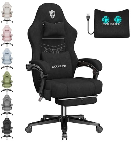 Douxlife Gaming Stuhl Stoff Ergonomischer Bürostuhl mit Massagefunktion | PC Gamer Sessel mit Fu?stütze, Verbreitertes Federsitzkissen, Schreibtischstuhl Belastbar bis 158 kg, Schwarz