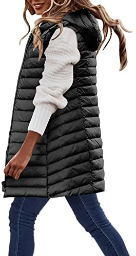 Gilet Donna Lungo Taglie Forti Invernale Gilet Lungo Con Cappuccio Curvy Elegante Caldo Smanicato Trapuntato Con Cerniera E Tasche Leggero Firmato Giacca Imbottito Senza Maniche Antivento Giubbotto