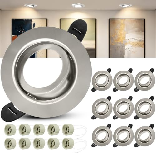 Laiebri 10er Einbaustrahler GU10 Set, 45° Schwenkbar Einbaurahmen 68mm mit GU10 Fassung, Rund LED Spots 230V Ultra Flach Deckenspots Nickel, Einbauspots Einbauleuchten Rahmen für LED oder Halogen