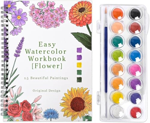 pobuu Watercolour Workbook,15 Flower Patterns of Original DIY Designs,16 Colors Watercolour Paint Set with Brush Palette,Beginner-Friendly Water Colour Workbooks,Water Colouring Book for Adults