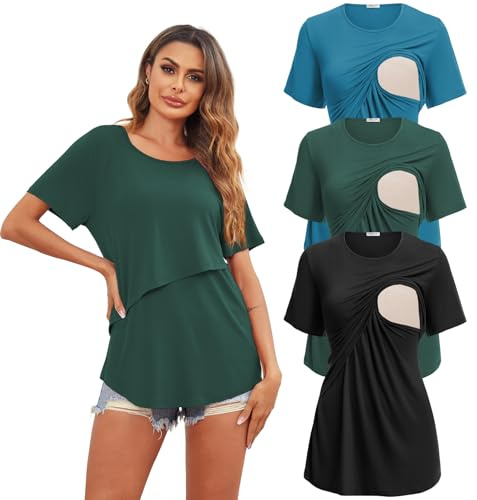 Ekouaer amningsskjorta, modell, mammamode, 1/3-pack, mjuk, kortärmad, sommar, amnings-t-shirt, amningstoppar, damer, amningstopp för gravida kvinnor, M
