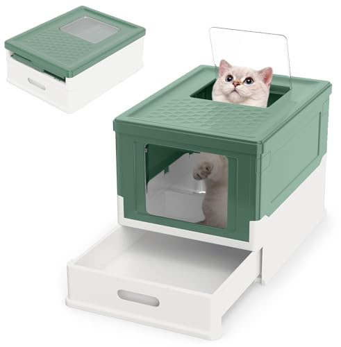 GYMAX Caja de Arena Plegable para Gatos, Casa de Baño Cerrada con 2 Puertas (Superior + Frontal), Cajón para Arena y Patas Antideslizantes, Limpieza Fácil y Antiolor, 50 x 38 x 37 cm (Verde)