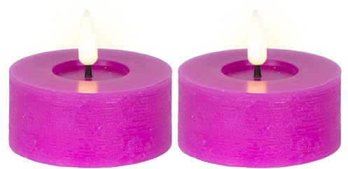LED Teelichter mit Timer 7x6cm Wachs 2 Stück - Wachskerzen mit 6 Stunden Timerfunktion - Echtwachskerze batteriebetrieben - Flammenlose Kerzen als Tischkerzen Dekokerzen Teelicht - Lila Warmweiß