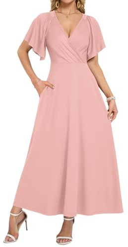 WNEEDU Robe Longue Portefeuille d'été pour Femme avec Poches et col en V | Robe longue élégante à manches volantées Robe pour invitée de mariage à taille empire Soirée Vacances