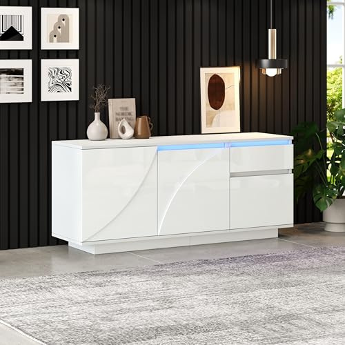 QQJIN Sideboard Weiss Hochglanz 140cm mit App-LED & Verstellbaren Trennwänden – 3 Türen + 1 Schublade – Multizonen-Kommode Für Wohnzimmer, Küche, Flur,H