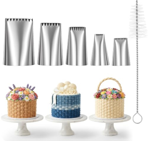 Juego de 5 puntas de tubería de tejido de cesta de acero inoxidable para decoración de pasteles, kit de tuberías grandes para glaseado de crema, boquilla de fondant con cepillo para hornear magdalenas