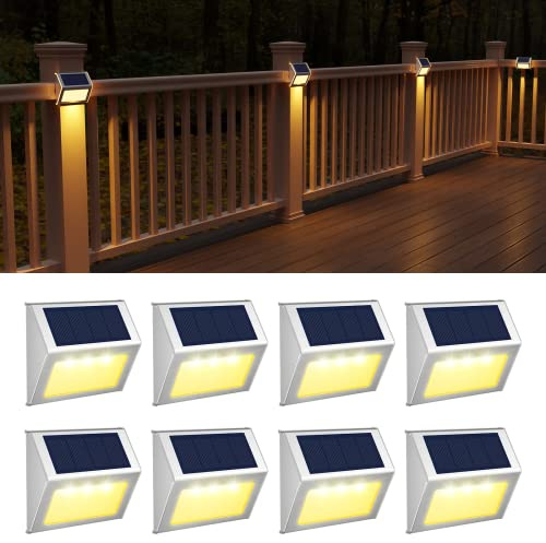 JSOT Solar Lights Outdoor for Deck,Waterproof Solar Powered Steps Light Outdoor Wireless LED Lamp Fence Lighting Walkway Patio Stair Garden Path Rail Backyard Fences Post 8 Pack Warm White