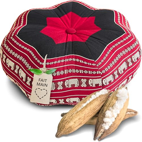 livasia Meditationskissen Stern groß - Ø 40x20cm - Yogakissen mit Kapok, Pouf, Bodenkissen sternförmig Yoga Zen Meditation, Zafukissen Garten Balkon, Sitzkissen handgefertigt (Rot/Elefanten)