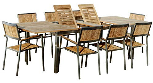 ASS ALEOS. Gartengarnitur Edelstahl Teak Set Ausziehtisch 200-240-280x100 cm + 8 Teak Sessel A-Grade Teak Holz Serie Kuba Gastroqualität