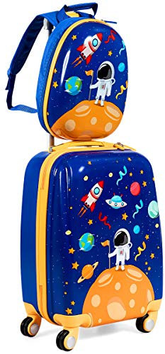 DREAMADE Kinderkoffer Jungen mit Rucksack 18+12, 2 TLG. Kinderkoffer Set, Kindergepäck Trolley, Kindertrolley Jungen & Mädchen, Reisetrolley mit Rollen (Dunkelblau-Astronaut, 18 Zoll + 12 Zoll)