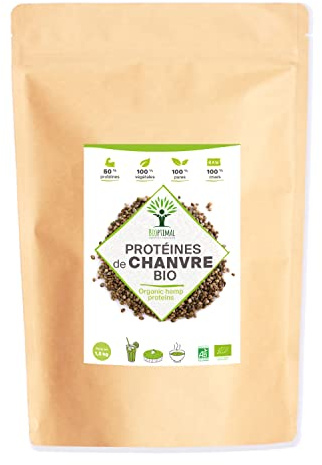 Protéine de Chanvre Bio - Bioptimal - 50% de Protéines - BCAA Oméga 3 Fibres - Poudre de Graine de Chanvre Crue - Cultivé en Europe - 100% Pur - Conditionné en France - Certifié par Ecocert - 1,5 kg