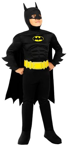 Funidelia Disfraz Oficial de Batman para niño, Mono, cinturón, capa con máscara y cubrebotas, Superhéroes - Traje para niños para fiestas, Carnaval y Halloween - Talla 7-9 años