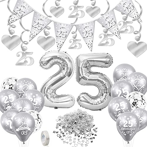 DPKOW Silberhochzeit Deko, 25. Hochzeitstag Luftballons Folienballons Konfetti, 25. Hochzeitstag Wimpelkette Banner, Silberhochzeit Spiral Girlanden Hängedeko für Silberpaar 25. Hochzeitstag Deko