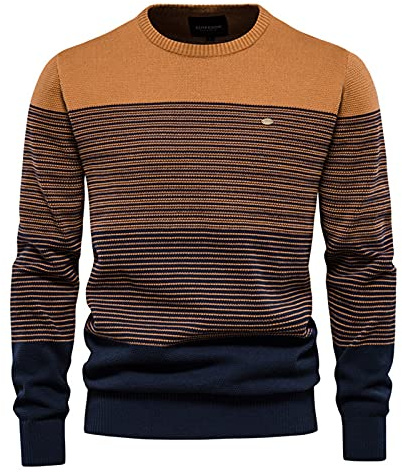 BeerMmay Herren Pullover - Gestreifter Kontrast Rundhals Pullover, Schmaler Schnitt, Casual Top