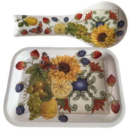 Set Poggia Mestolo + Vassoio da Cucina, Set 2 Pz Appoggia Cucchiaio con Vassoio, Accessori da Cucina, Set Utensili da Cucina Multiuso, con STAMPA CAMPAGNA TOSCANA