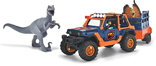 Dickie Toys 203837024 - Dino Befälhavare Lekset - Lekset med Jeep med Frihjul, Ljus, Ljud, Inklusive Figur samt 2 Dinosaurier, 40 cm, Från 3 år
