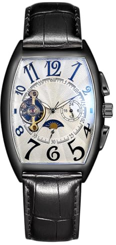 RORIOS Herrklockor automatiska mekaniska klockor armband automatisk uppdragsklocka med läderrem virvel klockor för män, Vitt och blått, 220mm, rem