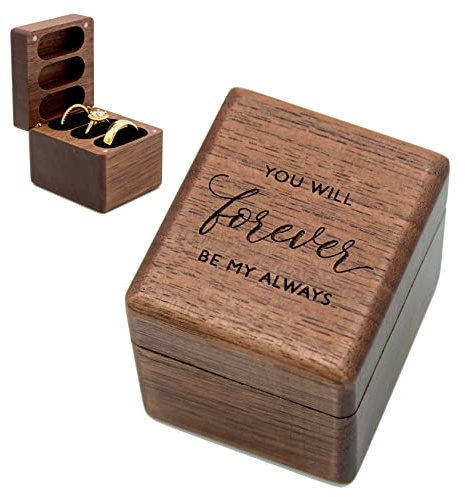 MUUJEE Engraved 3 Slot Wood Ring Box - 2.25 x 2 x 2 You Will Forever Be My Always Square Rings Case in Brown Walnut Jewelry Holder for Womens Men Engagement Anniversary Couples Wedding and Bearer Box