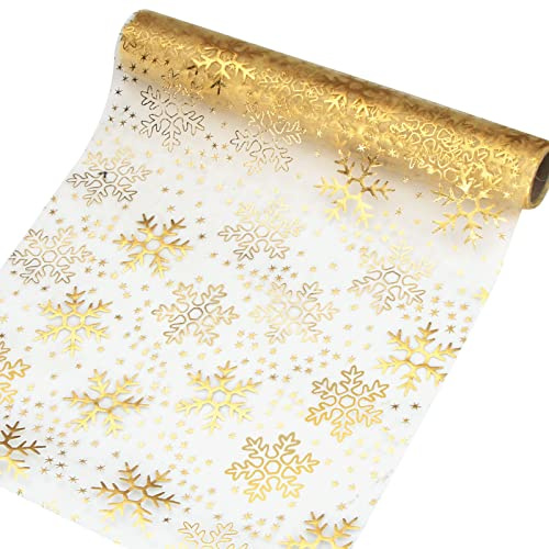 Tischläufer Weihnachten Schneeflocke, Tischband Transparentes Gold, 28 cm x 5 m Tischband Organza für Weihnachten Geburtstage Adventszeit Geschenk DIY