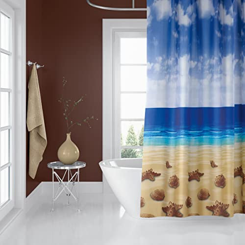 andija Wasserdicht Duschvorhang, 180x200cm Anti-Schimmel Antibakteriell Bad Vorhang, Waschbar Stoff Badezimmer Vorhang, Polyester Badewanne Vorhang mit 12 Duschvorhängeringen (Beach)