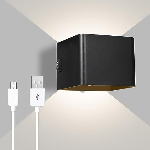 Neoglint Applique Murale a Détecteur de Mouvement avec Batterie Rechargeable USB 2000 mAh,Lampe Murale d'intérieur 5 w, Applique Murale Cube LED Sans Fil pour Escaliers, Couloir, Chambre-Noir(3000K)