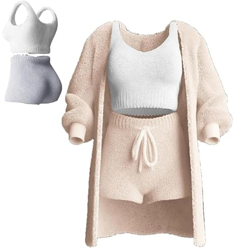 YoiTs Misscosy Strick-Set, 3-teilig, sexy warme Flauschige Fleece-Outfits, Pyjamas, Top-Shorts-Set, Pyjamas, Loungewear (Off White,Small)