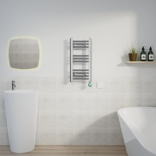 Warmehaus Prefilled Electric Towel Radiator Straight Chrome 600x300mm | Thermostatic, Timer, LCD Display, Child Lock, Dual Fuel, Mild Steel, Wall Mounted, Bathroom Ladder Towel Warmer
