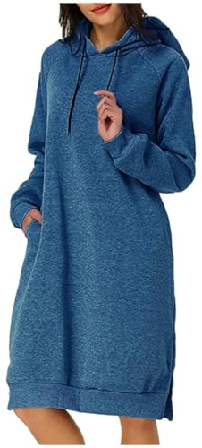 Jolies robes d'hiver pour femme - Automne et hiver - Avec poche - Longueur moyenne - Robe midi pour femme, bleu, XXL