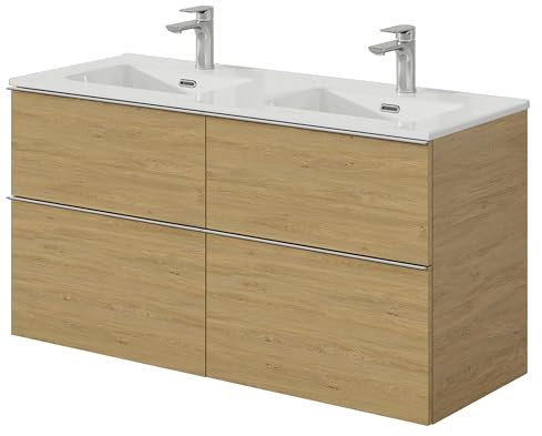 Bernstein Badmöbel-Set Lavoa 120cm bestehend aus Doppel-Waschbecken und Unterschrank mit 4 Schubladen, Waschbeckenunterschrank in Eiche, Griff in Chrom- 5 Jahre Garantie - Waschtisch in Weiß
