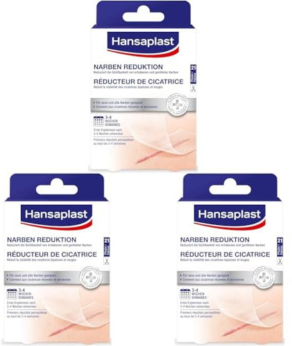 Hansaplast Narben Reduktion (21 Stück je 3,8 cm x 6,8 cm), Narbenpflaster zur Reduktion der Sichtbarkeit von Narben, macht Narben dauerhaft flacher, heller und weicher (Packung mit 3)