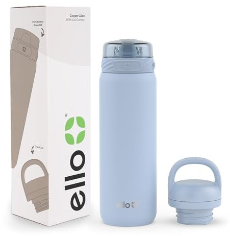Ello Cooper 22oz Stainless Steel Water Bottle with 2 Lids Chug and Straw | Leak Proof Double Walled and Vacuum Insulated | Fits Car Cupholder | Built in Carry Loop | Dishwasher Safe | Halogen Blue