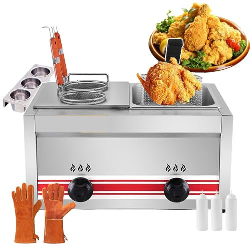 forplubossmmp Countertop Electric Deep Fryer Pot for Commercial, Countertop Chip Fryer Stainless Steel Deep Fryer w/Dual Tank, Large Capacity Countertop Cooktops for Kitchen Dining (with Gloves),002