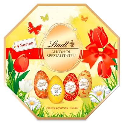 Lindt Schokolade | Alkohol-Spezialitäten-Eier Box | 216g | Feinste Schokoladeneier mit flüssiger Alkohol-Füllung in edler Geschenkbox | Osterschokolade für Erwachsene | Geschenkidee zu Ostern