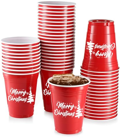 Komonee 12 x Christmas Red Cups 16oz 500ml Wide Rimmed Disposable American Xmas Party Cups USA Adult Novelty Plastic Glass Design 3