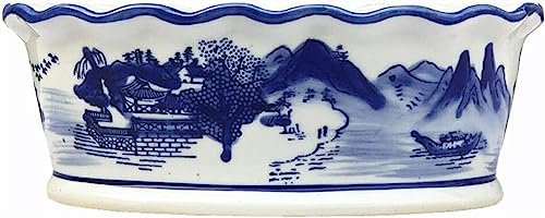 Keramik-Blumentopf, oval, kleiner Bonsai-Pflanztopf, gerüscht, blau-weiß, Porzellan, für die Fensterbank im Innenbereich, Mikrolandschaft, Sukkulenten, großer Blumentopf, Pflanzgefäße für den Außenbe