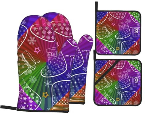 Ofenhandschuhe und Topflappen-Set, Regenbogenfarben, Weihnachtsstrümpfe, hitzebeständig, Küchen-Backhandschuhe, rutschfeste Oberfläche zum Kochen, Backen, Grillen, Grillen