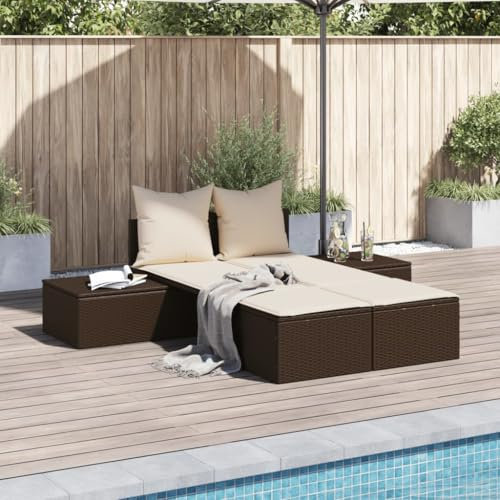 Gecheer Doppel-Sonnenliege mit Auflagen Braun Poly Rattan